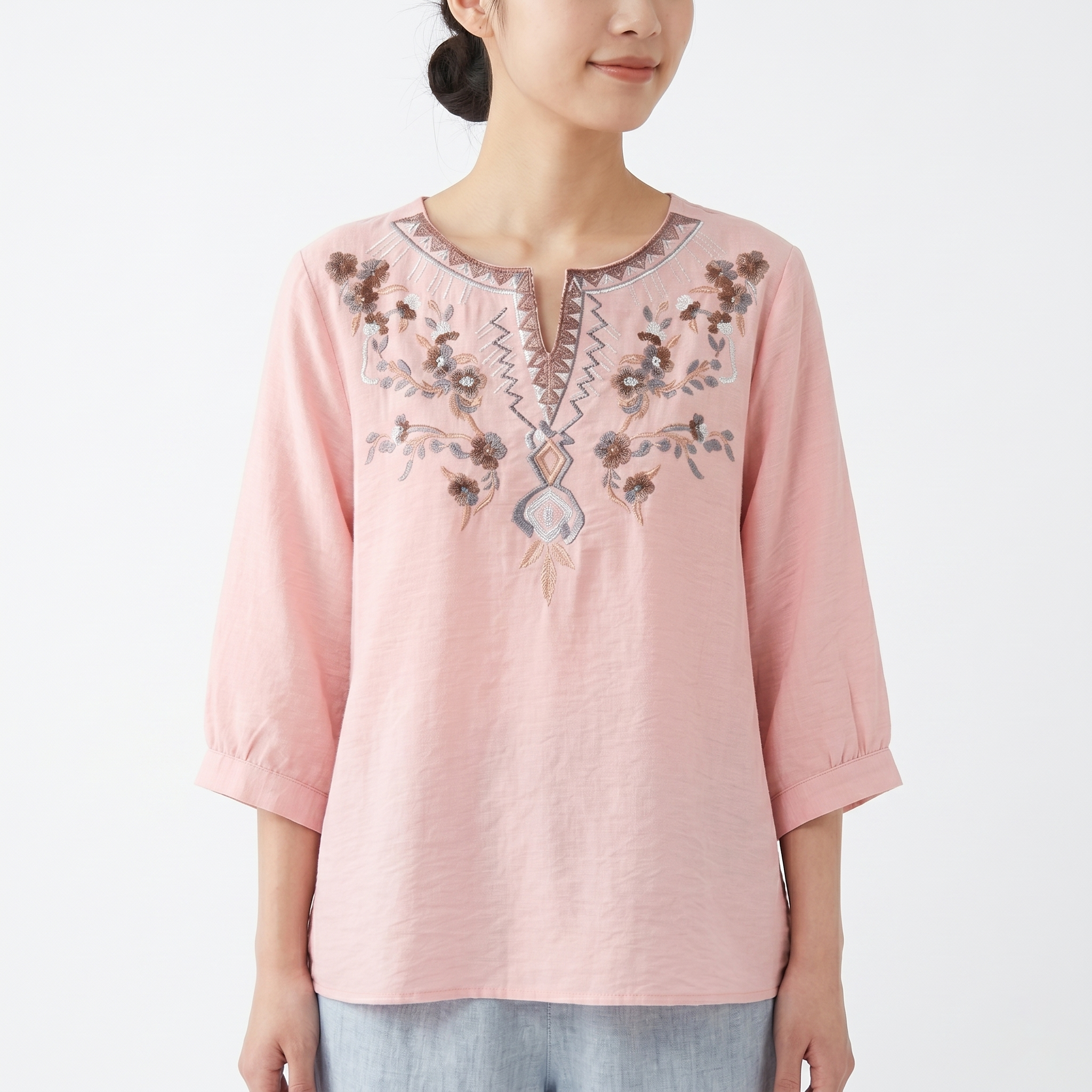 Summer Cotton Heavy Embroidery V-Neck Top (Slimming Look) Loose Mid Sleeve | Elegant Casual Style | Breathable Daily Comfort | CDR260414A062