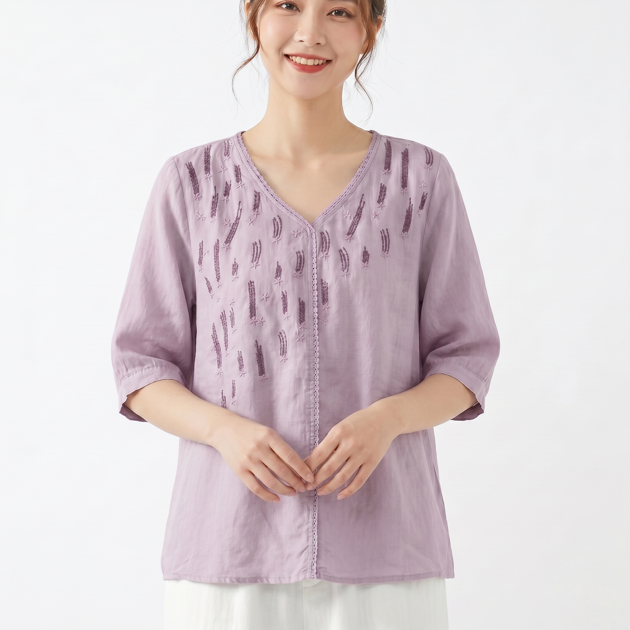 Artistic Cotton V-Neck Top (Loose Edition) Half Sleeve | Pullover Style | Lightweight Daily Comfort | CDR260508A110