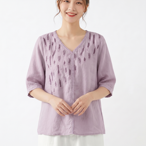 Artistic Cotton V-Neck Top (Loose Edition) Half Sleeve | Pullover Style | Lightweight Daily Comfort | CDR260508A110