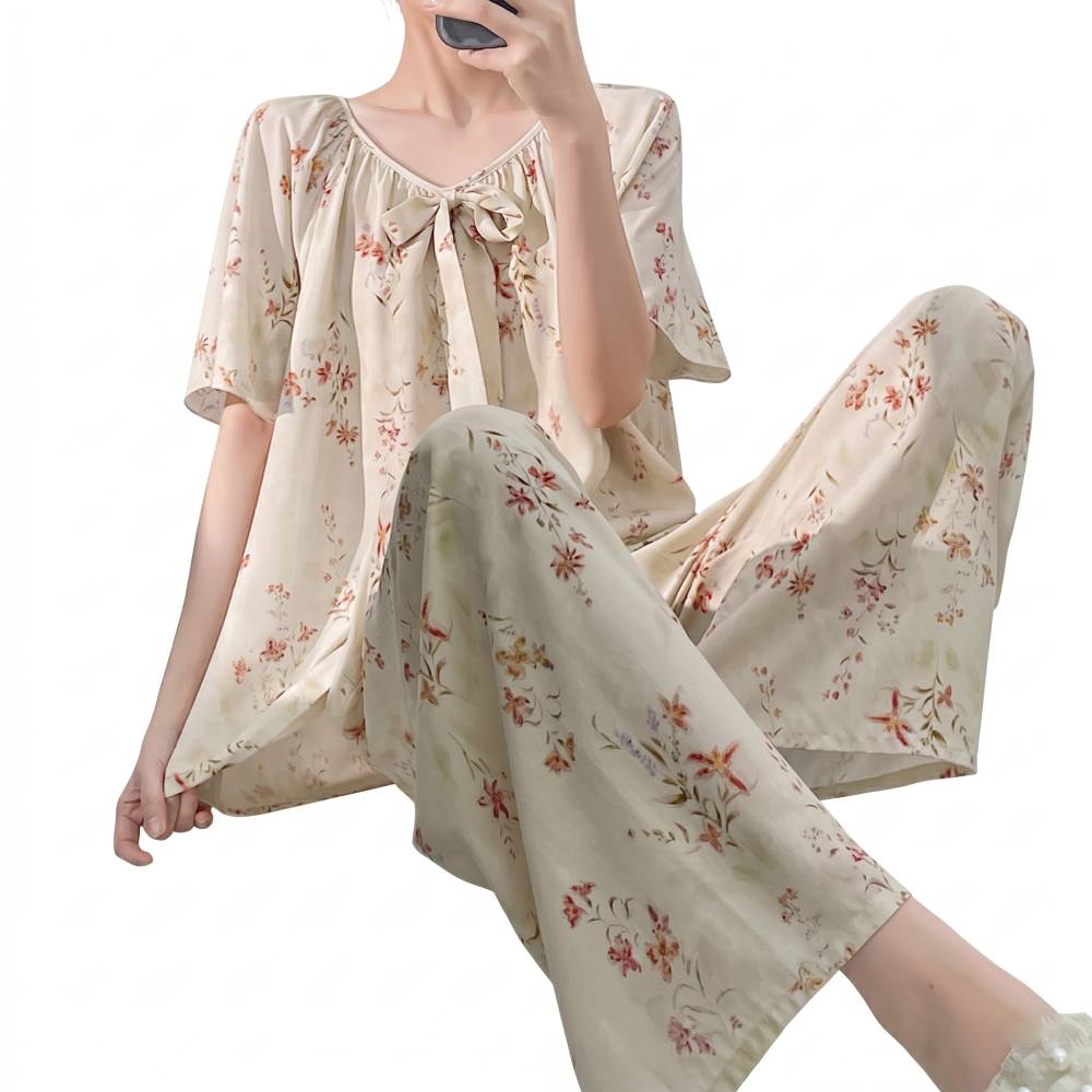 Floral Cotton Pajama Set with Pant (Plus Size Edition)Short Sleeve | Spring Summer Wear | Home + Outer Friendly | CLS260420A075