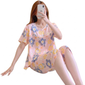 Cotton Silk Pajama Set (Summer Comfort) Short Sleeve | Sweet Elegant Style | Home + Outer Wear Comfort | CLS260518A126