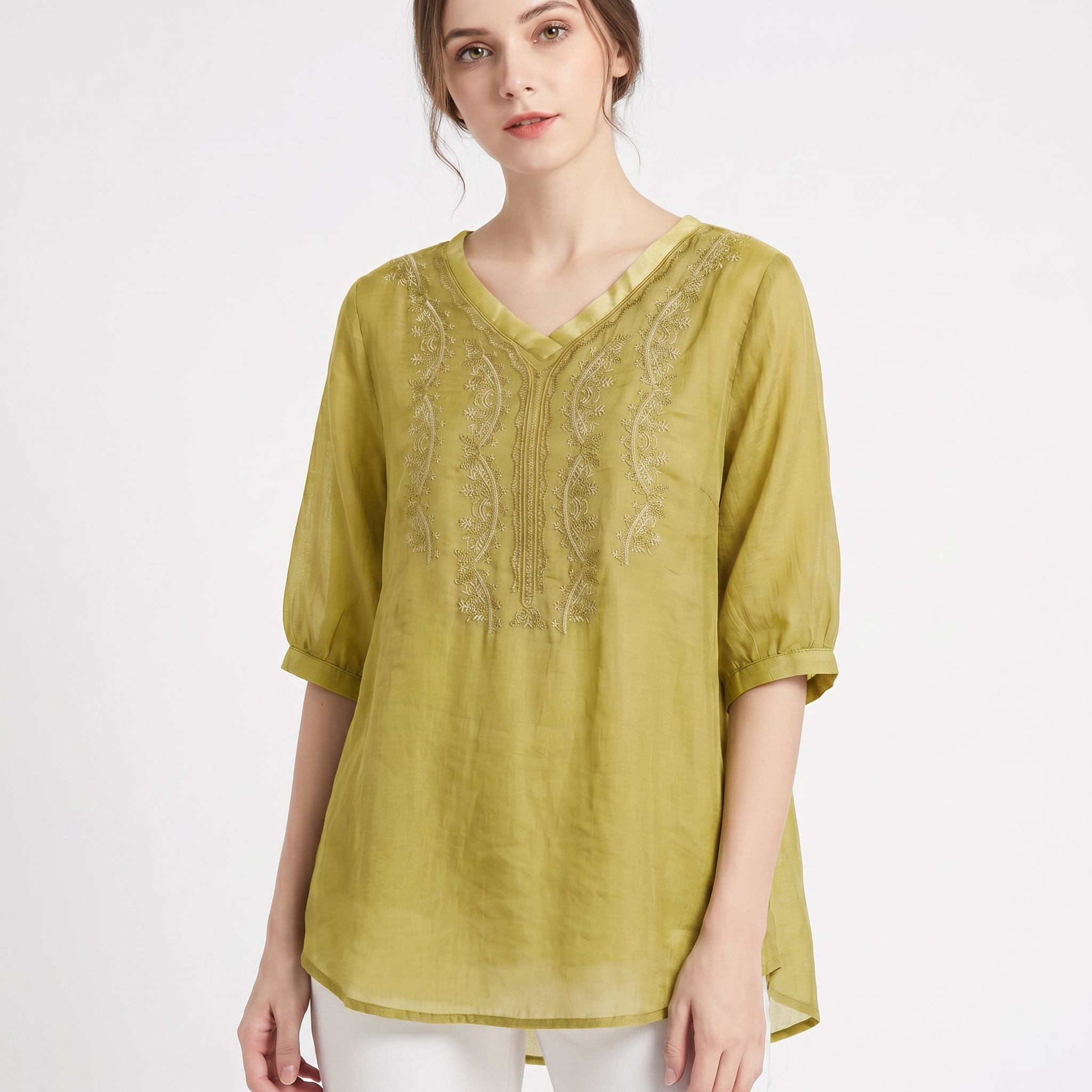 Cotton Embroidered Plus-Size Top (Belly-Cover Edition) Short Sleeve | Artistic Casual Style | Loose Comfortable Fit | CDR260506A106