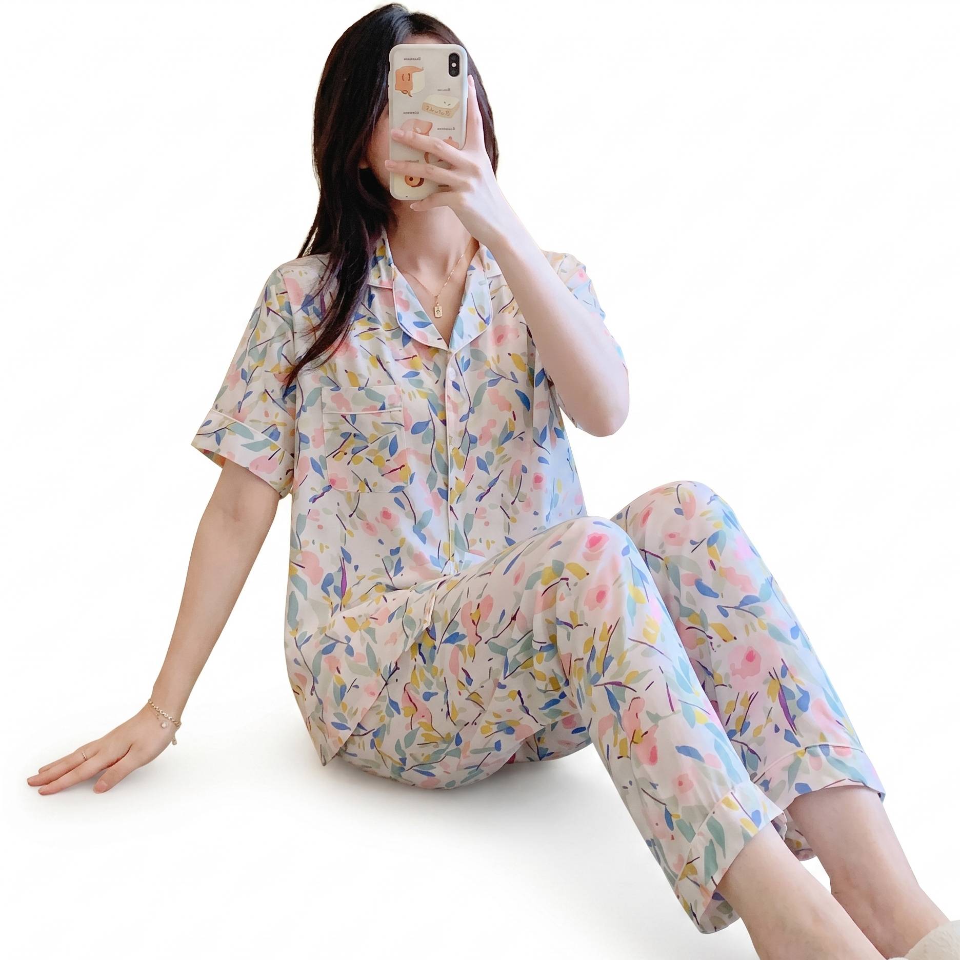 Cotton Silk Pajama Set with Cardigan (Summer Edition) Short Sleeve | Thin Trouser Suit | Soft Homewear Comfort | CLS260521A135