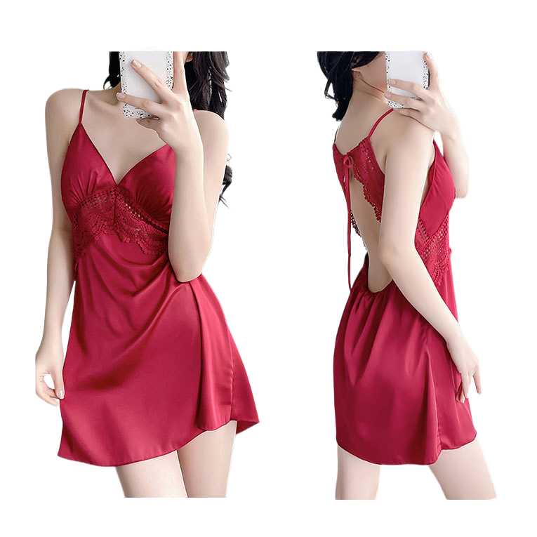 Ice Silk Nightgown Lace Sling Set with Chest Pad (Beautiful Back Edition) Long Sleeve | Built-In Support | Elegant Home Comfort | ISNG260510A117