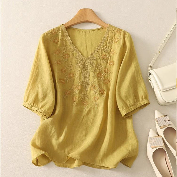 Heavy Embroidery V-Neck Slimming Top (Summer Edition) Short Sleeve | Loose Fit | Versatile Elegant Daily Wear | CDR260404A038