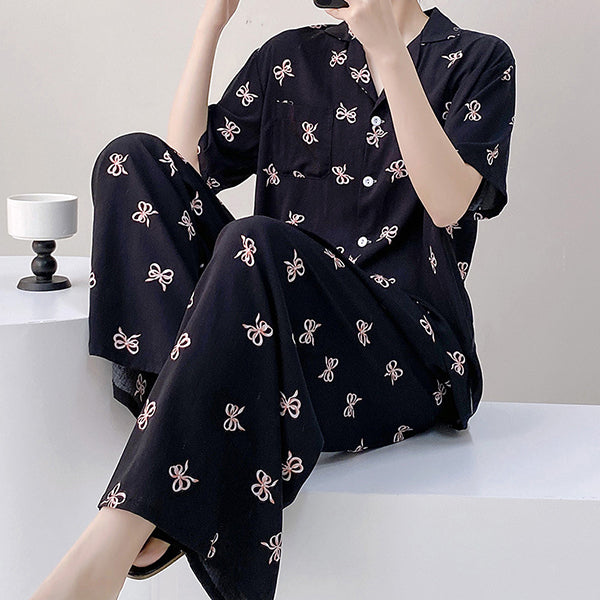 Spring &amp; Autumn Sweet Cotton Silk Pajama Set With Pant (Two-Piece) Printed Trouser Suit | Home + Outer Wearing | Soft &amp; Elegant Daily Comfort | CLS260216983