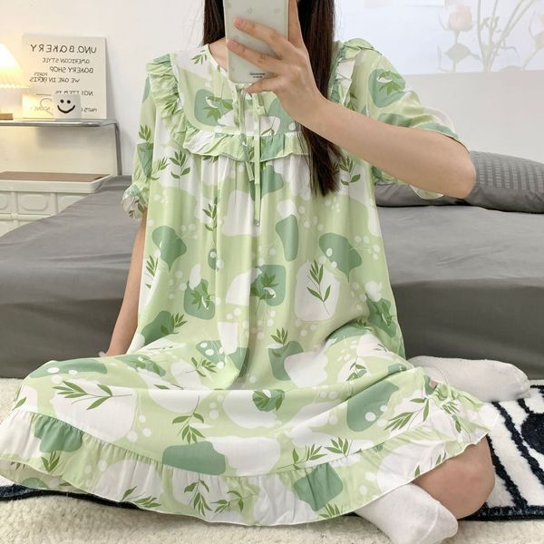 ISB Princess Style Cotton Silk Nightgown Women's Summer Thin Short-sleeved Cotton Silk Nightgown High-end Style Outer Wearing Home Dress Plus Size, China Imported| CLS25070205011