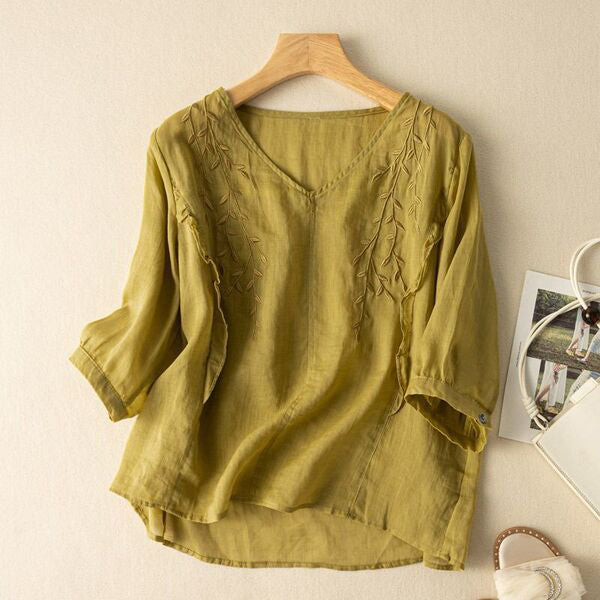 Summer Embroidered Cotton Retro Top (Chinese Style) Loose Elegant Fit | Three-Quarter Sleeve | Artistic Casual Wear | CDR2603261019