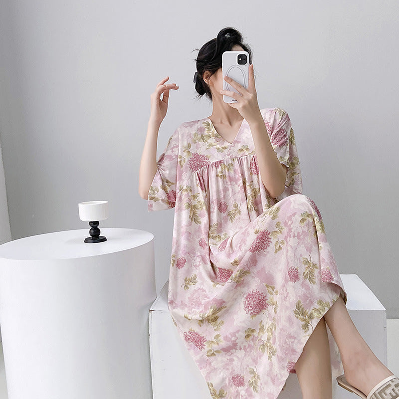 Cotton Silk Nightdress New Floral Sweet Home Clothes Summer Women's Pajamas Short-sleeved Dress Summer Thin Dress | China Imported | CLS251117861