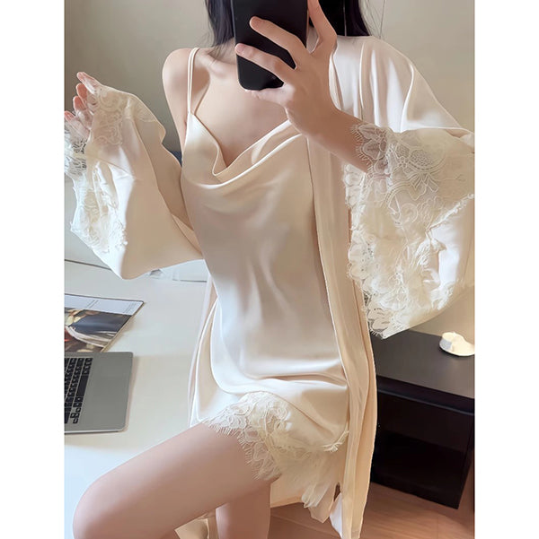 Summer Ice Silk Suspender Collar Nightgown (Two-Piece Set)Spring–Autumn Wear | Cool &amp; Breathable | Home + Sleep Comfort | ISNG260219989