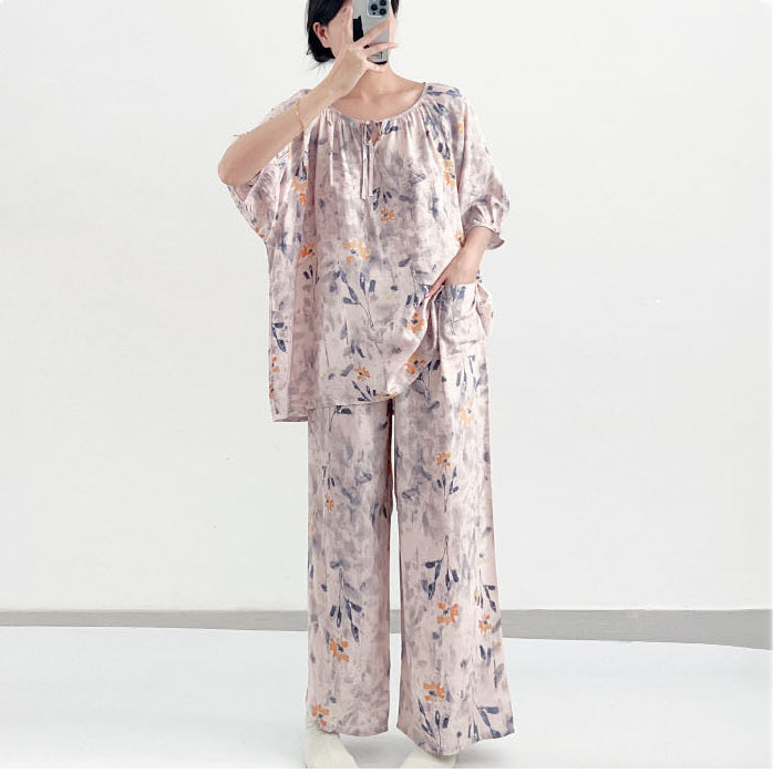 Cotton Silk Sweet Pajama Set (Two-Piece) Loose Short Sleeve | Home + Outer Wear | Soft &amp; Breathable Comfort | CLS260413A060