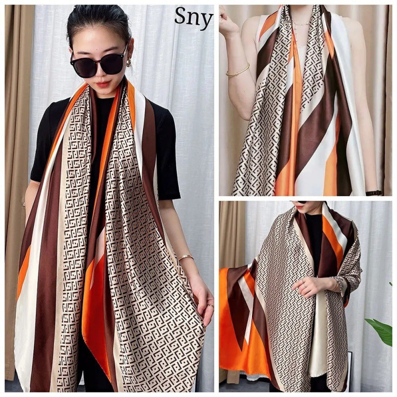 Long thin printed silk scarf imitation 90x 180 silk scarf beach sunscreen shawl | China Imported | ISSC251114850