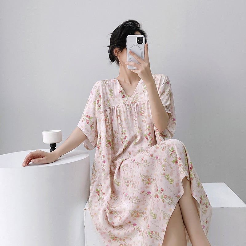 Cotton Silk Nightdress New Floral Sweet Home Clothes Summer Women's Pajamas Short-sleeved Dress Summer Thin Dress | China Imported | CLS251117861