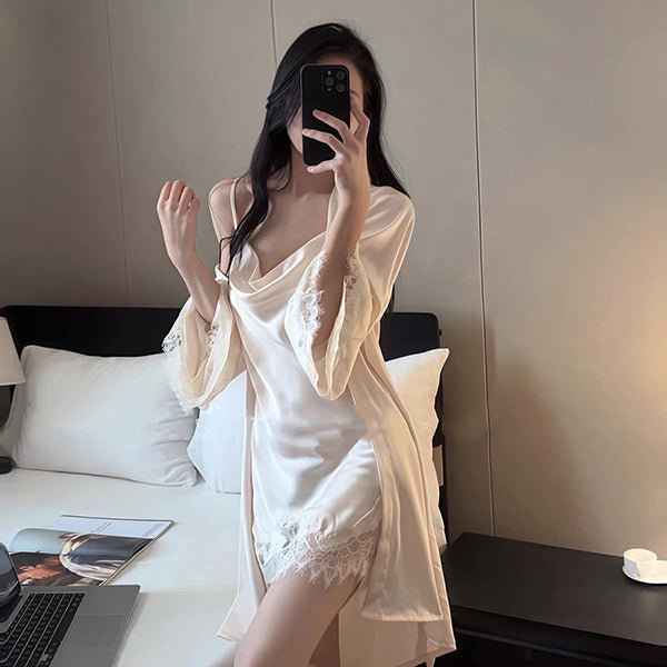 Summer Ice Silk Suspender Collar Nightgown (Two-Piece Set)Spring–Autumn Wear | Cool &amp; Breathable | Home + Sleep Comfort | ISNG260219989