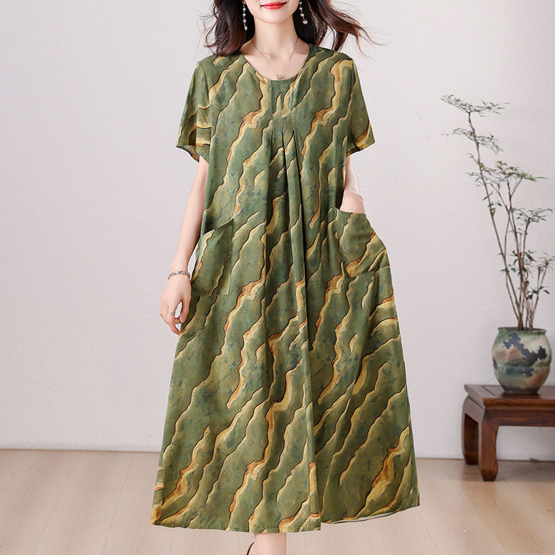 Summer Cotton Silk Flared Dress (Loose Slimming Fit) Lightweight Breathable | Elegant Flow | Daily Out And Home Wear | CLS2620407A045