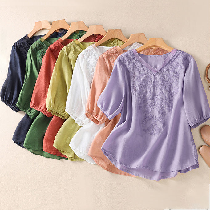 Embroidered Flower Vine Cotton Ethnic Top (Summer Edition)Three-Quarter Sleeve | Light &amp; Breathable | Elegant Ethnic Style | &nbsp;CDR2603161012