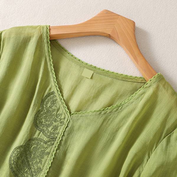 Summer Vintage Embroidered Cotton Top (V-Neck Edition) Loose Fit | Short Sleeve | Artistic Everyday Comfort | CDR260522A136