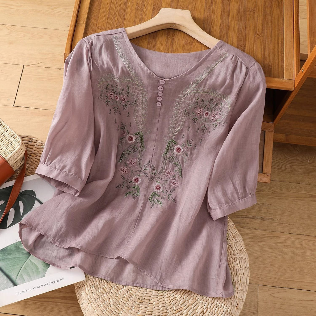 Summer Cotton Embroidered Pullover Top (Chinese Style) Short Sleeve | Loose Slimming Fit | Versatile Daily Wear | CDR260407A044