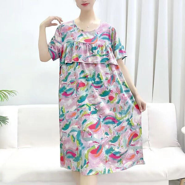 Cotton Silk Loose Dress (Plus Size Summer Edition) Short Sleeve | Home + Outside Wear | Thin &amp; Breathable Comfort | CLS260409A048