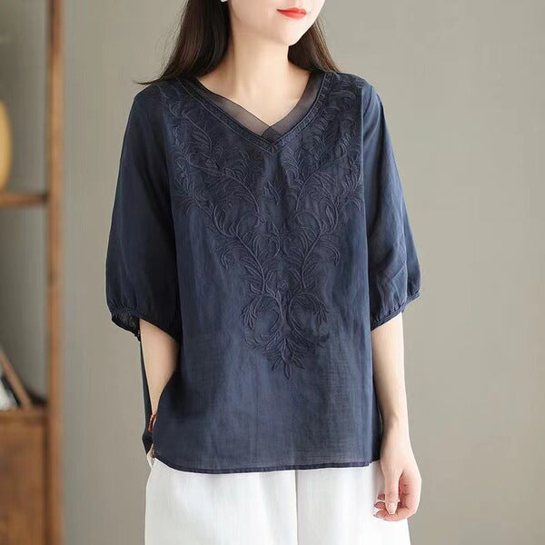 Embroidered Flower Vine Cotton Ethnic Top (Summer Edition)Three-Quarter Sleeve | Light &amp; Breathable | Elegant Ethnic Style | &nbsp;CDR2603161012
