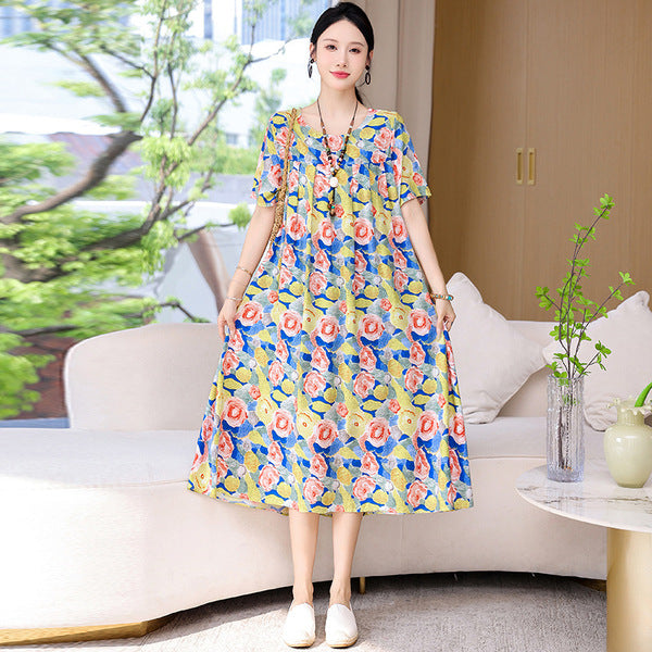Plus Size Summer Cotton Silk dress Short-sleeved Loose Meat Covering Skirt plus size Printed Long Skirt | With Pocket | CLS250616827