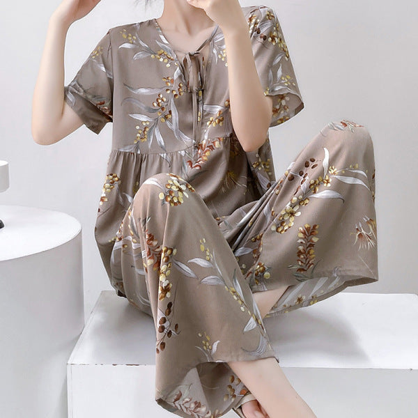 Spring &amp; Summer French Cotton Short-Sleeved Pajamas Women’s Printed Cotton-Silk Homewear Thin Suit | CLS251025825