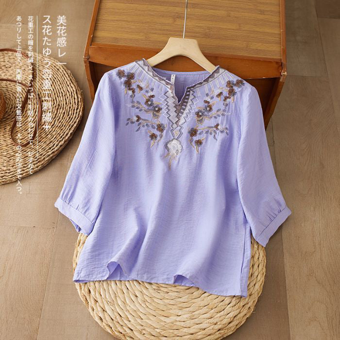 Summer Cotton Heavy Embroidery V-Neck Top (Slimming Look) Loose Mid Sleeve | Elegant Casual Style | Breathable Daily Comfort | CDR260414A062