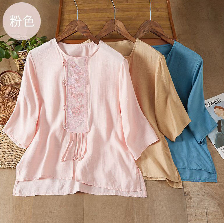 Ethnic Retro Ramie Embroidered Top (Tea Shirt Style) Round Neck | Short Sleeve | Lightweight Summer Elegance | CDR2603311024