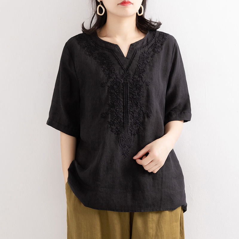Embroidered Cotton Artistic V-Neck Top (Summer Edition) Loose Casual Fit | Short Sleeve | Trendy Everyday Wear | CDR260425A084