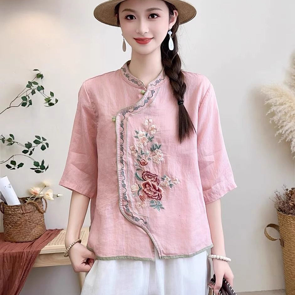 Artistic Retro Ethnic Embroidered Cotton Top (Tea Shirt Style) Stand Collar | Button Design | Elegant Summer Style | CDR260406A042