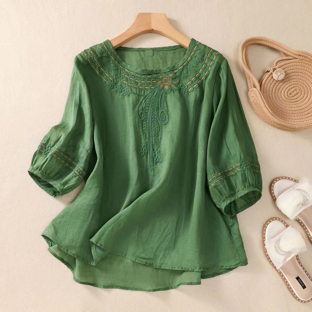 Literary Retro Cotton Embroidered Top (Chinese Style) Half Sleeve | Large Size Loose Fit | Elegant Spring &amp; Summer Wear | CDR260404A037