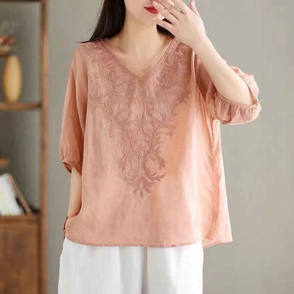 Embroidered Flower Vine Cotton Ethnic Top (Summer Edition)Three-Quarter Sleeve | Light &amp; Breathable | Elegant Ethnic Style | &nbsp;CDR2603161012