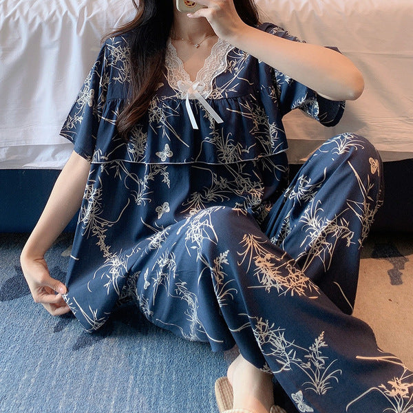 Short-Sleeved Pants Cotton Silk Pajamas Women's Summer Thin Suit Japanese Style Sweet Anti-Bump Pointing Outer-Wearing Cotton Silk Home Clothes | CLS250709758