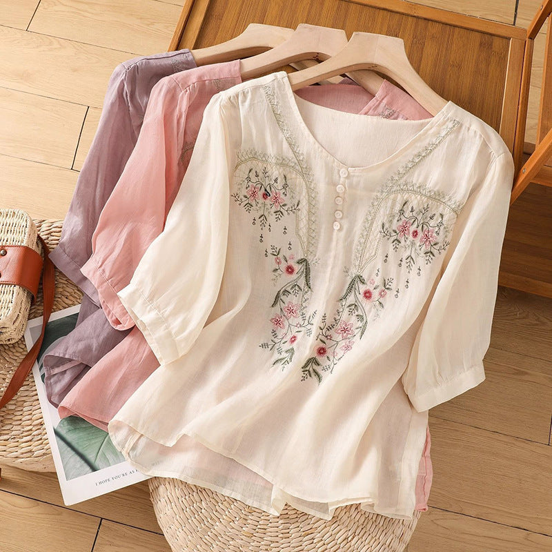 Summer Cotton Embroidered Pullover Top (Chinese Style) Short Sleeve | Loose Slimming Fit | Versatile Daily Wear | CDR260407A044