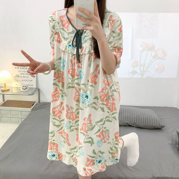 ISB Princess Style Cotton Silk Nightgown Women's Summer Thin Short-sleeved Cotton Silk Nightgown High-end Style Outer Wearing Home Dress Plus Size, China Imported| CLS25070205011