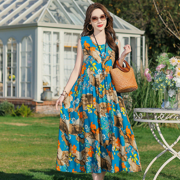 Elegant Cotton Fabric Vacation Dress Summer Women's Loose Over-the-Knee Beach Holiday Sleeveless Long Skirt With Pocket | CLS250727774