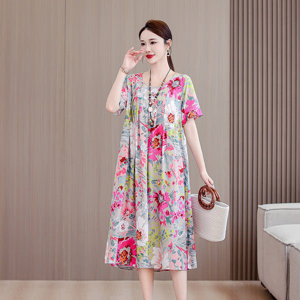 Plus Size Summer Cotton Silk dress Short-sleeved Loose Meat Covering Skirt plus size Printed Long Skirt | With Pocket | CLS250616827