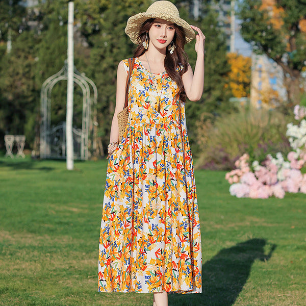 Elegant Cotton Fabric Vacation Dress Summer Women's Loose Over-the-Knee Beach Holiday Sleeveless Long Skirt With Pocket | CLS250727774