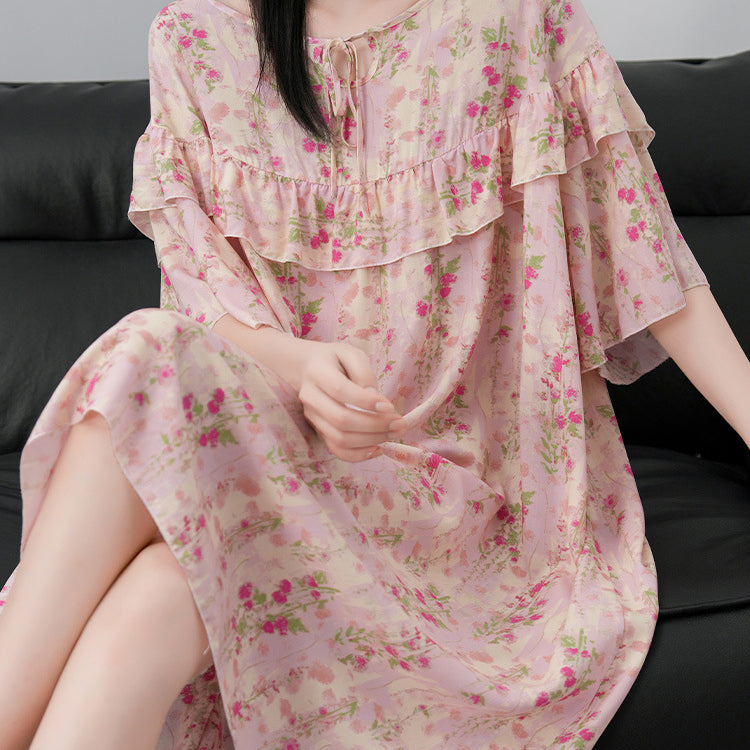 Floral Cotton Silk Princess (Spring–Summer New) Sweet Pastoral Style | Palace Princess Look Nightgown | Home &amp; Outer Wear Friendly | CLS260204965
