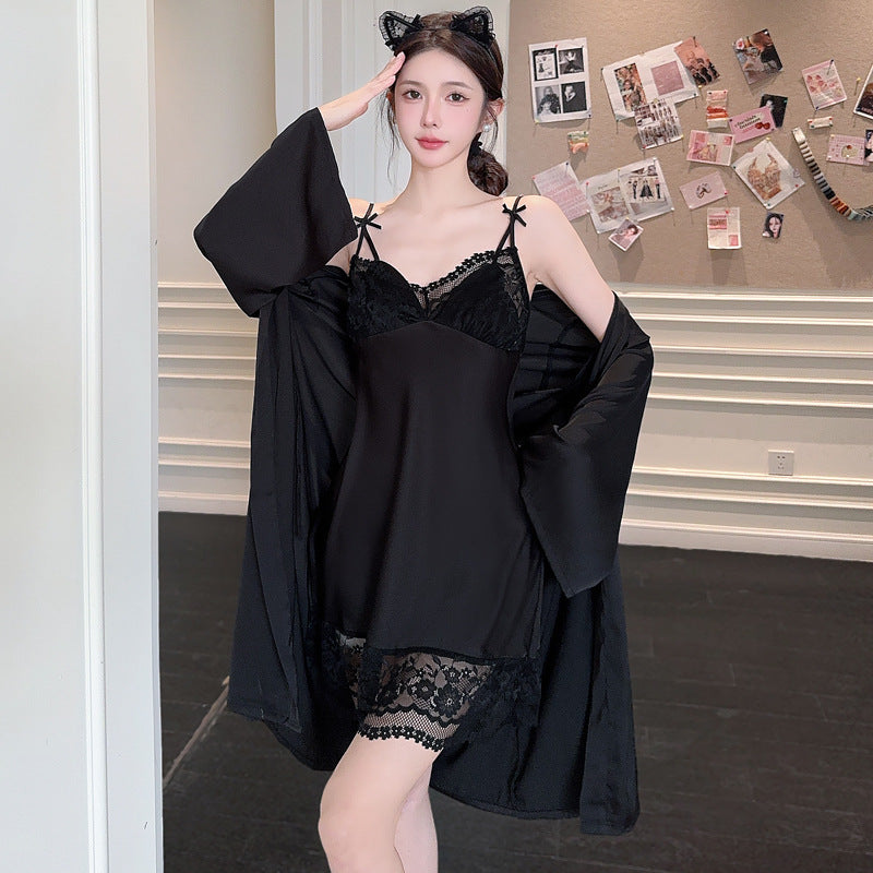 Ice Silk V-Neck Lace Sling Nightgown (Sweet Homewear) Summer Thin | Soft &amp; Breathable | Elegant Lace | Night + Home Comfort | ISNG260219991