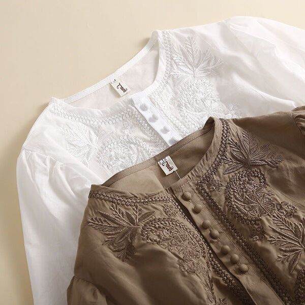 Literary Retro Embroidered Cotton Top (Summer Edition)Short Sleeve | Loose Fit | Round Neck Elegant Daily Wear | CDR2603101002