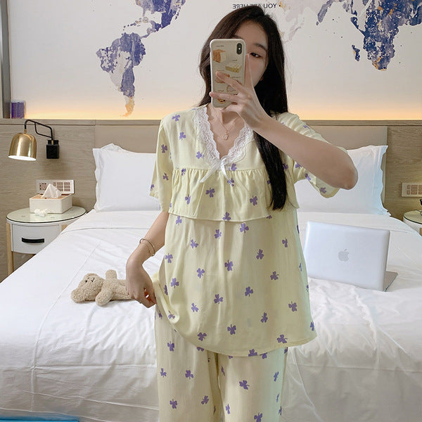 Short-Sleeved Pants Cotton Silk Pajamas Women's Summer Thin Suit Japanese Style Sweet Anti-Bump Pointing Outer-Wearing Cotton Silk Home Clothes | CLS250709758