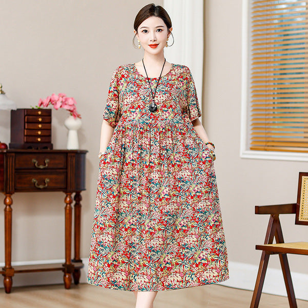 Outer Wear Skirt Draping Flesh Covering Skirt plus size Women's Cotton Silk dress with pocket | XL 3XL 5XL | China Imported | CLS250611607