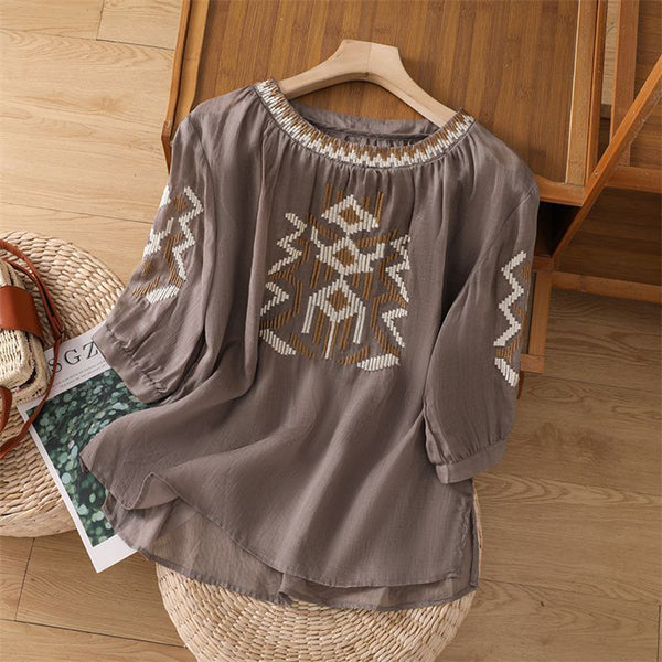 Heavy Embroidery Cotton Top (Women – Summer Edition) Three-Quarter Sleeve | Loose Slim Fit | Round Neck Elegant Wear | CDR2603101003