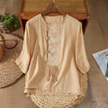 Ethnic Retro Ramie Embroidered Top (Tea Shirt Style) Round Neck | Short Sleeve | Lightweight Summer Elegance | CDR2603311024