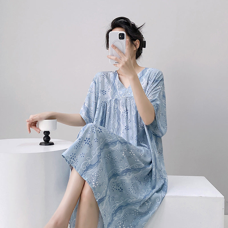 Cotton Silk Nightdress New Floral Sweet Home Clothes Summer Women's Pajamas Short-sleeved Dress Summer Thin Dress | China Imported | CLS251117861