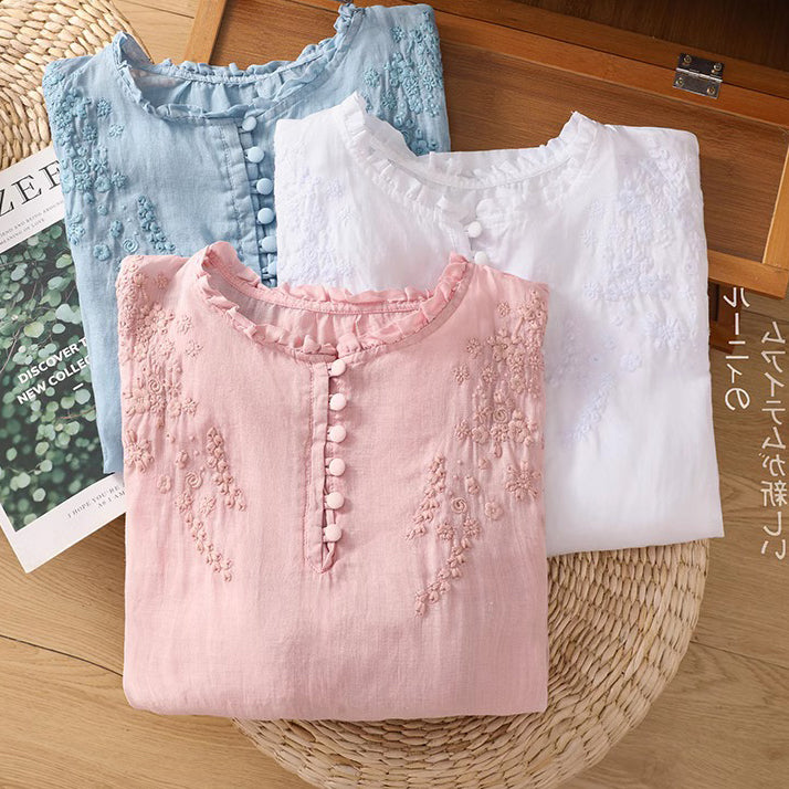 Ramie Cotton Embroidered Top (Summer Edition) Short Sleeve | Heavy Embroidery | Thin &amp; Elegant Daily Wear | CDR2603311025