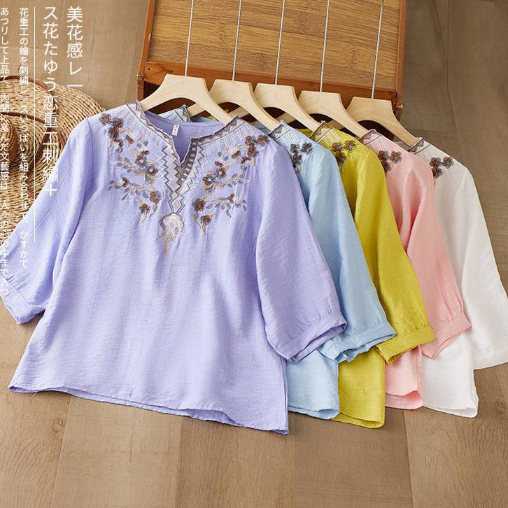 Summer Cotton Heavy Embroidery V-Neck Top (Slimming Look) Loose Mid Sleeve | Elegant Casual Style | Breathable Daily Comfort | CDR260414A062