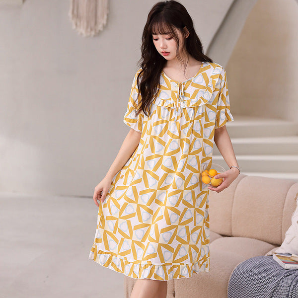 ISB Princess Style Cotton Silk Nightgown Women's Summer Thin Short-sleeved Cotton Silk Nightgown High-end Style Outer Wearing Home Dress Plus Size, China Imported| CLS25070205011