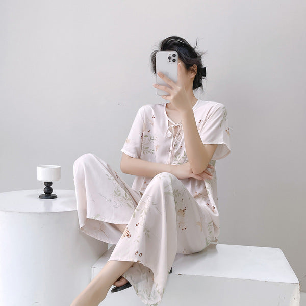 Spring &amp; Summer French Cotton Short-Sleeved Pajamas Women’s Printed Cotton-Silk Homewear Thin Suit | CLS251025825